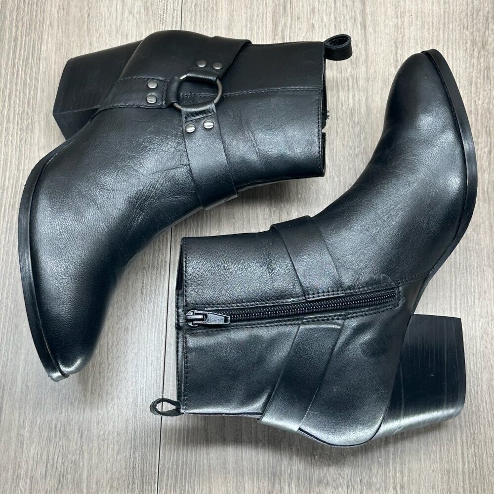 House of Harlow 1960 Boots Women 8 Portia Biker Harness Block Heel Leather Black - Picture 8 of 14